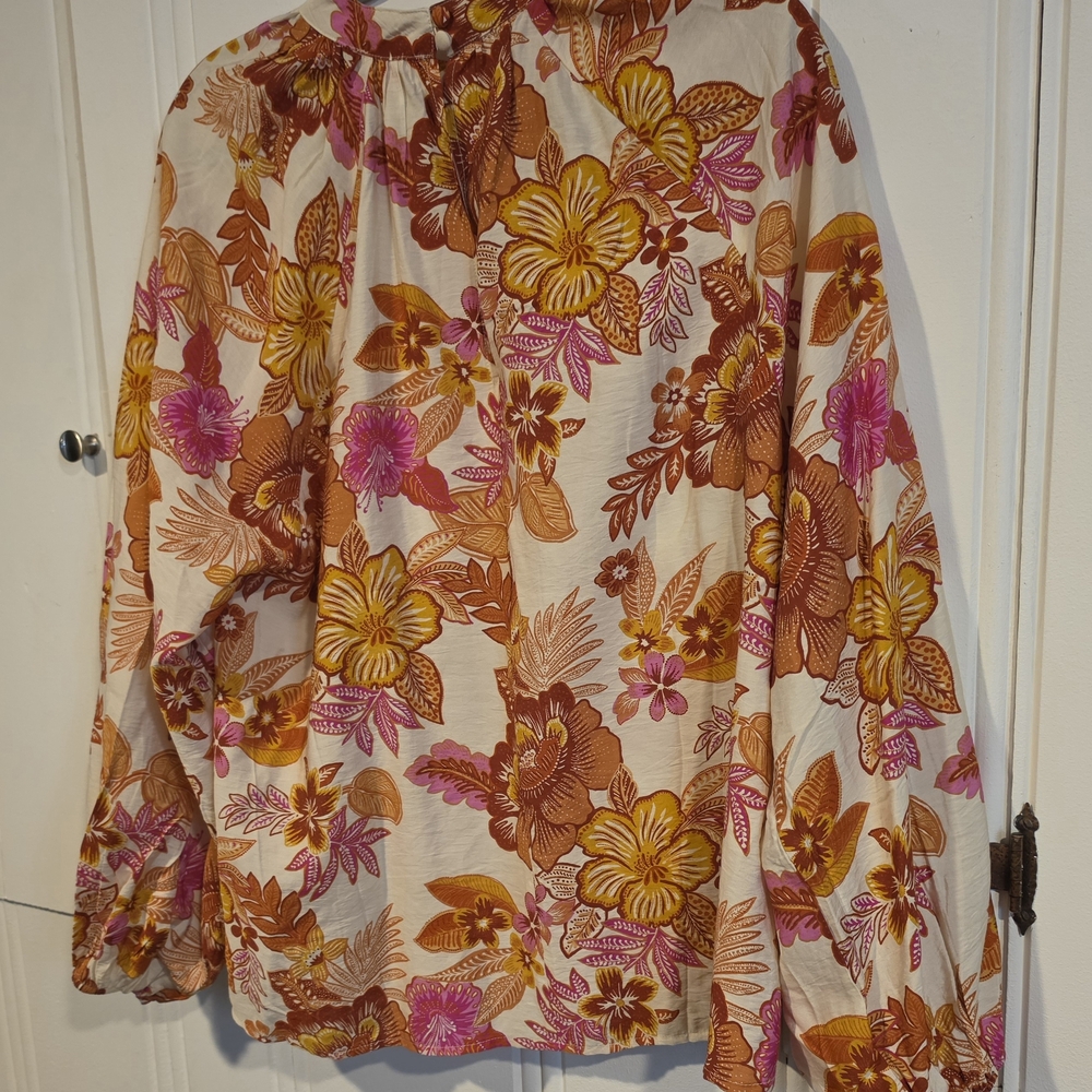 Flying Tomato Cream Floral Peasant Blouse with Pink & Brown Accents